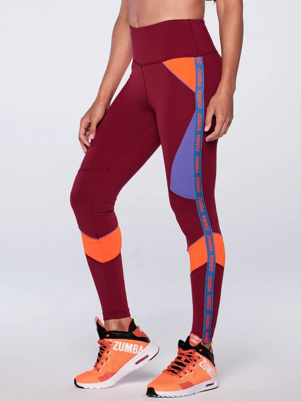 Zumba Fitness Maroon Leggings with Orange & Purple Panels
